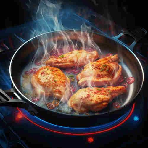 teflon_non_stick_surface_of_cooking_pan_cooking chicken slices